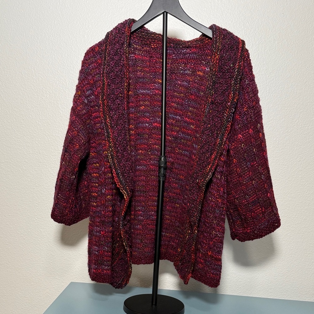 Chunky Hand Knit Cardigan in Rich Burgundy with Cropped Sleeves